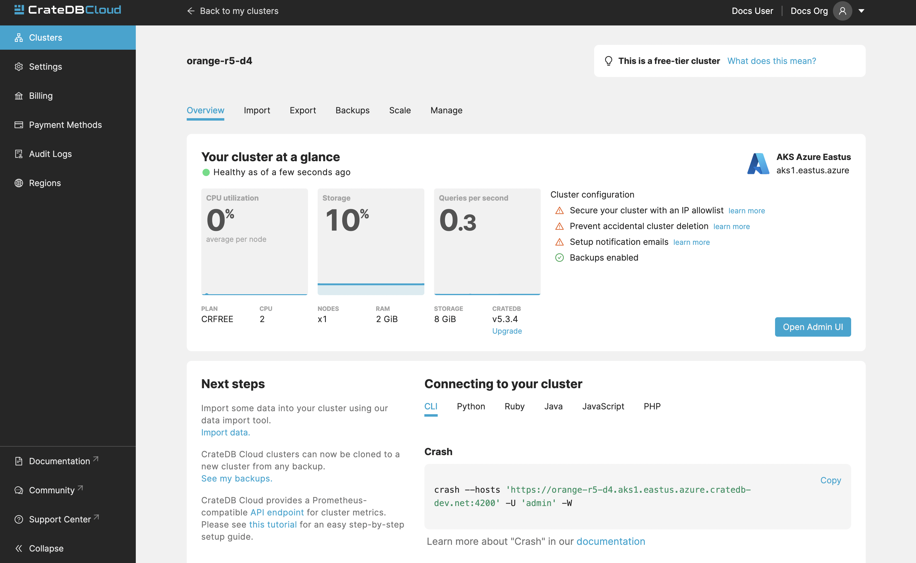 Cloud Console cluster overview page