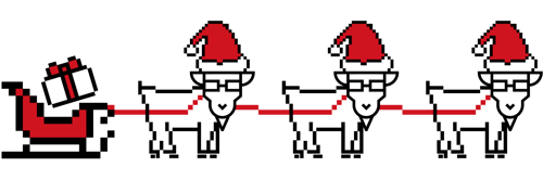 Goats with a Christmas hat pull a sled with a gift